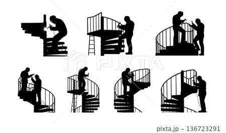 Black Solid Spiral Staircase Welder Silhouettes Set of Six on White Background 136723291
