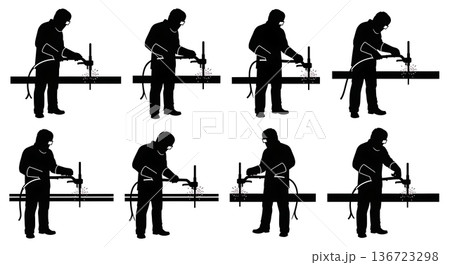 Black Solid Spot Welder Handheld Clamp Silhouettes Set of Six on White Background 136723298
