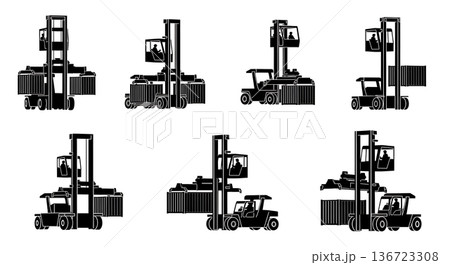 Black Solid Straddle Carrier Port Silhouettes Set of Six on White Background 136723308