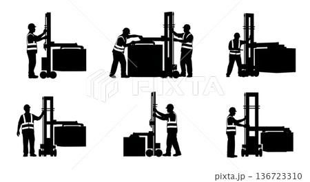 Black Solid Straddle Carrier Port Silhouettes Set of Six on White Background 136723310