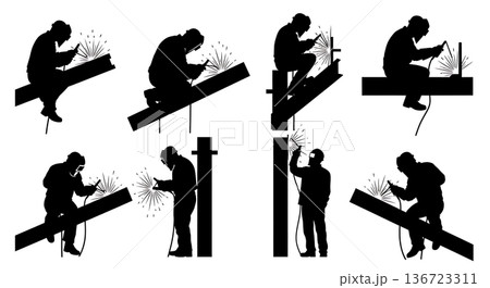 Black Solid Structural Beam Welder Overhead Silhouettes Set of Six on White Background Black Solid Structural Beam Welder Overhead Silhouettes Set of Six on White Background 136723311