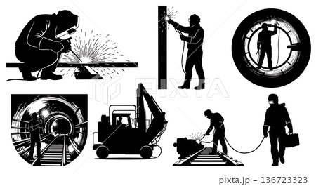 Black Solid Subway Tunnel Rail Welder Silhouettes Set of Six on White Background Black Solid Subway Tunnel Rail Welder Silhouettes Set of Six on White Background 136723323