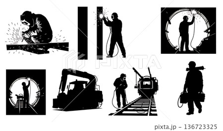 Black Solid Subway Tunnel Rail Welder Silhouettes Set of Six on White Background Black Solid Subway Tunnel Rail Welder Silhouettes Set of Six on White Background 136723325
