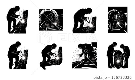 Black Solid Subway Tunnel Rail Welder Silhouettes Set of Six on White Background 136723326