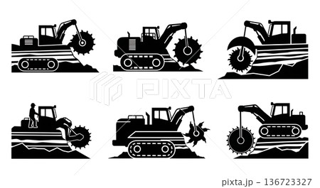 Black Solid Surface Miner Rock Silhouettes Set of Six on White Background Black Solid Surface Miner Rock Silhouettes Set of Six on White Background 136723327