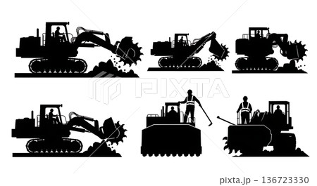 Black Solid Surface Miner Rock Silhouettes Set of Six on White Background 136723330