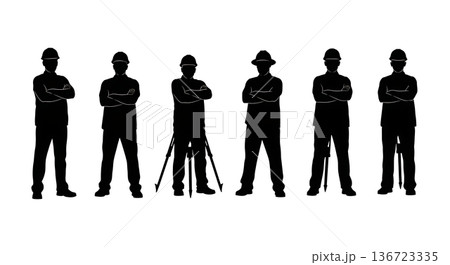 Black Solid Surveyor Arms Crossed Silhouettes Set of Six on White Background Black Solid Surveyor Arms Crossed Silhouettes Set of Six on White Background 136723335