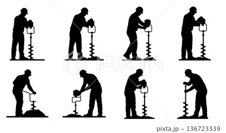 Black Solid Surveyor Auger Drill Silhouettes Set of Six on White Background Black Solid Surveyor Auger Drill Silhouettes Set of Six on White Background 136723339
