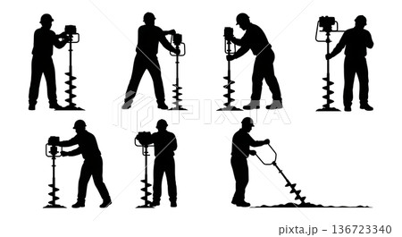 Black Solid Surveyor Auger Drill Silhouettes Set of Six on White Background 136723340