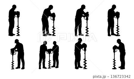 Black Solid Surveyor Auger Drill Silhouettes Set of Six on White Background 136723342
