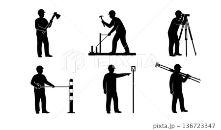 Black Solid Surveyor Axe Peg Silhouettes Set of Six on White Background 136723347