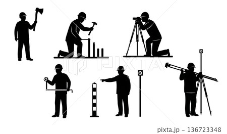 Black Solid Surveyor Axe Peg Silhouettes Set of Six on White Background 136723348