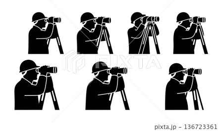 Black Solid Surveyor Binoculars View Silhouettes Set of Six on White Background Black Solid Surveyor Binoculars View Silhouettes Set of Six on White Background 136723361