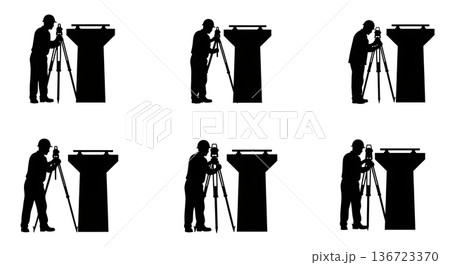 Black Solid Surveyor Bridge Pier Silhouettes Set of Six on White Background Black Solid Surveyor Bridge Pier Silhouettes Set of Six on White Background 136723370