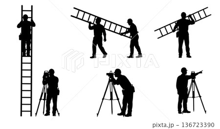Black Solid Surveyor Carry Ladder Silhouettes Set of Six on White Background 136723390