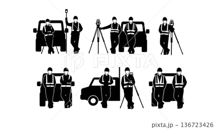 Black Solid Surveyor Leaning Truck Silhouettes Set of Six on White Background 136723426