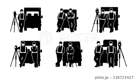Black Solid Surveyor Leaning Truck Silhouettes Set of Six on White Background Black Solid Surveyor Leaning Truck Silhouettes Set of Six on White Background 136723427