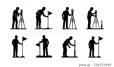 Black Solid Surveyor Marker Flag Silhouettes Set of Six on White Background 136723448