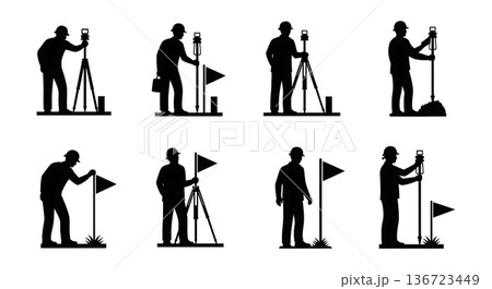 Black Solid Surveyor Marker Flag Silhouettes Set of Six on White Background 136723449