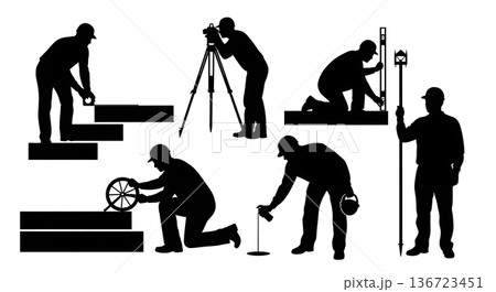 Black Solid Surveyor Measure Curb Silhouettes Set of Six on White Background Black Solid Surveyor Measure Curb Silhouettes Set of Six on White Background 136723451