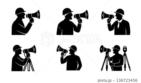 Black Solid Surveyor Megaphone Shout Silhouettes Set of Six on White Background Black Solid Surveyor Megaphone Shout Silhouettes Set of Six on White Background 136723456
