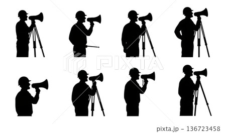 Black Solid Surveyor Megaphone Shout Silhouettes Set of Six on White Background 136723458