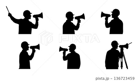 Black Solid Surveyor Megaphone Shout Silhouettes Set of Six on White Background 136723459