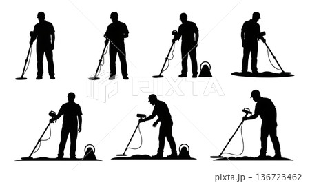 Black Solid Surveyor Metal Detector Silhouettes Set of Six on White Background 136723462
