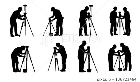 Black Solid Surveyor Monument Install Silhouettes Set of Six on White Background 136723464
