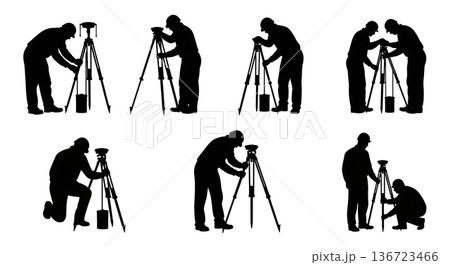 Black Solid Surveyor Monument Install Silhouettes Set of Six on White Background Black Solid Surveyor Monument Install Silhouettes Set of Six on White Background 136723466