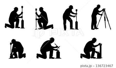 Black Solid Surveyor Monument Install Silhouettes Set of Six on White Background 136723467