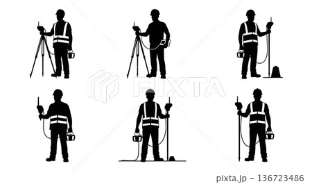 Black Solid Surveyor Pipe Transmitter Silhouettes Set of Six on White Background Black Solid Surveyor Pipe Transmitter Silhouettes Set of Six on White Background 136723486