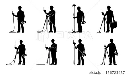 Black Solid Surveyor Pipe Transmitter Silhouettes Set of Six on White Background 136723487