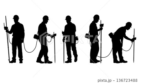 Black Solid Surveyor Pipe Transmitter Silhouettes Set of Six on White Background Black Solid Surveyor Pipe Transmitter Silhouettes Set of Six on White Background 136723488