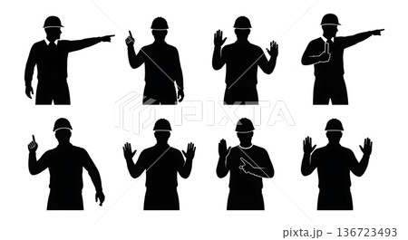 Black Solid Surveyor Pointing Directing Silhouettes Set of Six on White Background 136723493