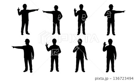 Black Solid Surveyor Pointing Directing Silhouettes Set of Six on White Background Black Solid Surveyor Pointing Directing Silhouettes Set of Six on White Background 136723494
