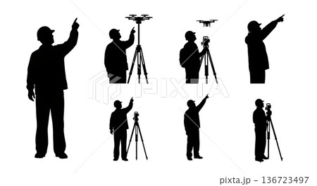 Black Solid Surveyor Point Sky Silhouettes Set of Six on White Background Black Solid Surveyor Point Sky Silhouettes Set of Six on White Background 136723497
