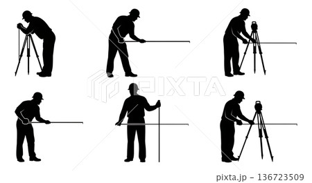 Black Solid Surveyor Pulling Tape Silhouettes Set of Six on White Background Black Solid Surveyor Pulling Tape Silhouettes Set of Six on White Background 136723509