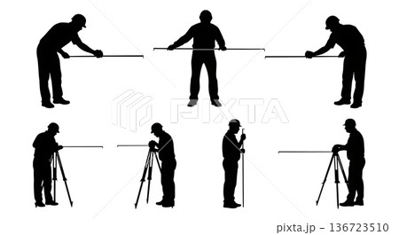 Black Solid Surveyor Pulling Tape Silhouettes Set of Six on White Background Black Solid Surveyor Pulling Tape Silhouettes Set of Six on White Background 136723510
