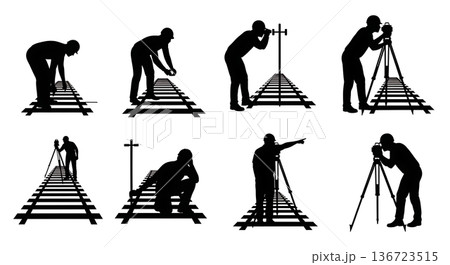 Black Solid Surveyor Railway Track Silhouettes Set of Six on White Background 136723515