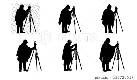 Black Solid Surveyor Rain Poncho Silhouettes Set of Six on White Background Black Solid Surveyor Rain Poncho Silhouettes Set of Six on White Background 136723517