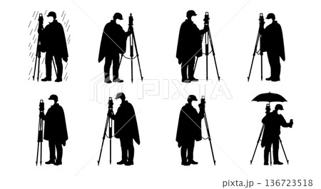 Black Solid Surveyor Rain Poncho Silhouettes Set of Six on White Background Black Solid Surveyor Rain Poncho Silhouettes Set of Six on White Background 136723518