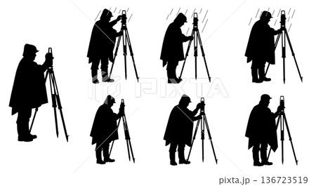 Black Solid Surveyor Rain Poncho Silhouettes Set of Six on White Background Black Solid Surveyor Rain Poncho Silhouettes Set of Six on White Background 136723519