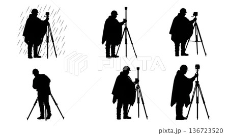 Black Solid Surveyor Rain Poncho Silhouettes Set of Six on White Background 136723520