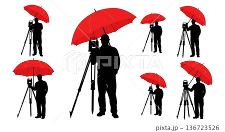 Black Solid Surveyor Red Umbrella Silhouettes Set of Six on White Background 136723526