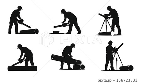 Black Solid Surveyor Chainsaw Clear Silhouettes Set of Six on White Background Black Solid Surveyor Chainsaw Clear Silhouettes Set of Six on White Background 136723533