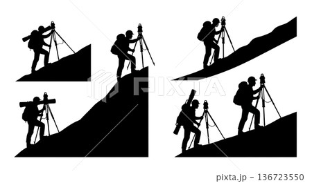 Black Solid Surveyor Climbing Slope Silhouettes Set of Six on White Background Black Solid Surveyor Climbing Slope Silhouettes Set of Six on White Background 136723550