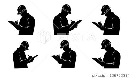 Black Solid Surveyor Clipboard Writing Silhouettes Set of Six on White Background Black Solid Surveyor Clipboard Writing Silhouettes Set of Six on White Background 136723554