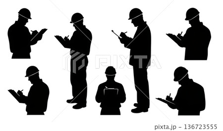 Black Solid Surveyor Clipboard Writing Silhouettes Set of Six on White Background Black Solid Surveyor Clipboard Writing Silhouettes Set of Six on White Background 136723555