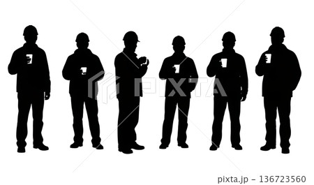 Black Solid Surveyor Coffee Cup Silhouettes Set of Six on White Background 136723560